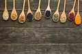 Various dried legumes in wooden spoons Royalty Free Stock Photo