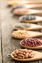 Various dried legumes in wooden spoons Royalty Free Stock Photo