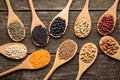 Various dried legumes in wooden spoons Royalty Free Stock Photo