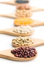 Various dried legumes in wooden spoons Royalty Free Stock Photo