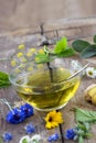 Various dried meadow herbs and herbal tea on old wooden table. fresh medicinal plants and in bundle. Preparing medicinal