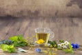 Various dried meadow herbs and herbal tea on old wooden table. fresh medicinal plants and in bundle. Preparing medicinal