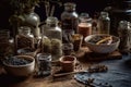 Various dried spices and herbs on a wooden table, AI Generated