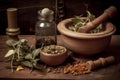 Various dried spices and herbs on a wooden table, AI Generated