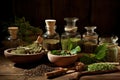 Various dried spices and herbs on a wooden table, AI Generated