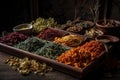 Various dried spices on a wooden table, AI Generated