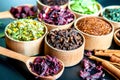 Various dried tea leaves in wooden bowl Royalty Free Stock Photo