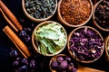 Various dried tea leaves in wooden bowl Royalty Free Stock Photo