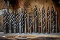 Various drill bits displayed on a table. Perfect for construction or hardware store concept Royalty Free Stock Photo
