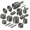 Various drill bits and hole saw attachments are depicted, designed for different types Royalty Free Stock Photo