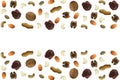 Various dry fruit nuts and chocolate abstract pattern with free blank space Almonds chocolate peanuts cashew walnut