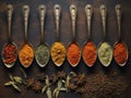 Various dry herbs and spices in vintage silver teaspoons. Flat lay of Indian Crumbled Roses, Fennel Seeds, Chamomile and Moroccan