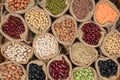 Various dry legumes in a sack cloth, Different dry legumes Royalty Free Stock Photo