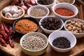 Various dry spices and herbs in a bowl on bamboo tray. Asian food ingredients