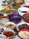 Various dry spices in small multi-colored bowls Royalty Free Stock Photo