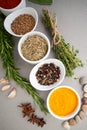Various dry spices and spicy herbs close-up on a light gray table.. Royalty Free Stock Photo