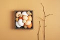 Various eggs in wooden box with tree branches on beige background. Lovely Easter flat lay in trendy colour.