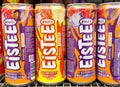 Various eistee special edition cans on store shelf: raspberry, strawberry, marshmallow flavors Royalty Free Stock Photo