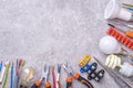 Electrician equipment on gray background Royalty Free Stock Photo