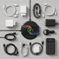 Various electronic accessories on a gray Royalty Free Stock Photo