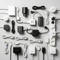 Various electronic adapters, chargers, and plug Royalty Free Stock Photo