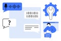 Digital Communication and Technology Elements with Icons Representing Voice, Binary Code, Customer Support, and Tools