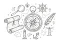 Various elements: a large compass, rolled parchment, magnifyin Royalty Free Stock Photo