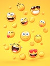 Various emojis on yellow background, 3d rendering