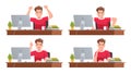 Various emotions of a person working in the office at the computer. The employee rejoices, in horror, in thought, an idea came
