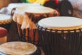 Various ethnic percussion musical instruments djembe drums Royalty Free Stock Photo