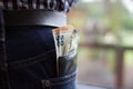 Various euro banknotes in a colourful Jeans pocket. Close up Money in pocket. Royalty Free Stock Photo