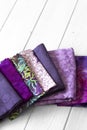 Various fabric material sample swatches,  with a purple theme Royalty Free Stock Photo