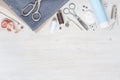 Various fabric and sewing tools Royalty Free Stock Photo