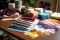 various fabric swatches spread out on a craft table Royalty Free Stock Photo