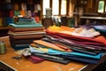 various fabric swatches on workbench Royalty Free Stock Photo