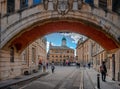 Various famous buildings seen through the arch of the Hertford Bridge in Oxford Royalty Free Stock Photo