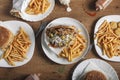 Various fast food dishes. Pita, burgers and nuggets