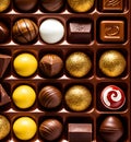 Various filled chocolates placed in regular compartments.