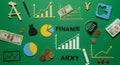Various finance-related items are arranged on a green background. Elements include Royalty Free Stock Photo