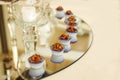 Various fine chocolates pralines on plate, dark and milk chocolate. Wedding concept Royalty Free Stock Photo