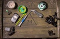 Various fishing tools. Preparation for fishing. Fishing line, hooks and other tools for fishing installation. Top view. Royalty Free Stock Photo