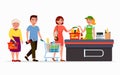 Various flat people at the supermarket buying products at the cashbox with cute cashier. Men and women at mall. Family Royalty Free Stock Photo