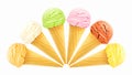 Various flavored ice cream cones isolated on white background Royalty Free Stock Photo