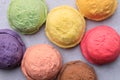 Various flavored ice cream scoops, close up