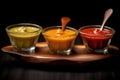 Various flavored ketchups and sauces served in different bowls