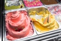 Various flavors of gelato in italy. Creamy Italian ice cream in shop window