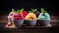 Various Flavors Of Ice Cream With Fresh Fruits On Rustic Background