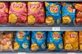 Various flavoured of Lay`s Potato Chips on grocery store shelves. Minsk, Belarus, 2022