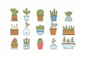 Various flower pots. Home plants and flowers logos. Minimalistic floral icons. Colored vector set