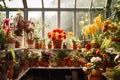 various flowering plants in ceramic pots in glassed in greenhouse gardening